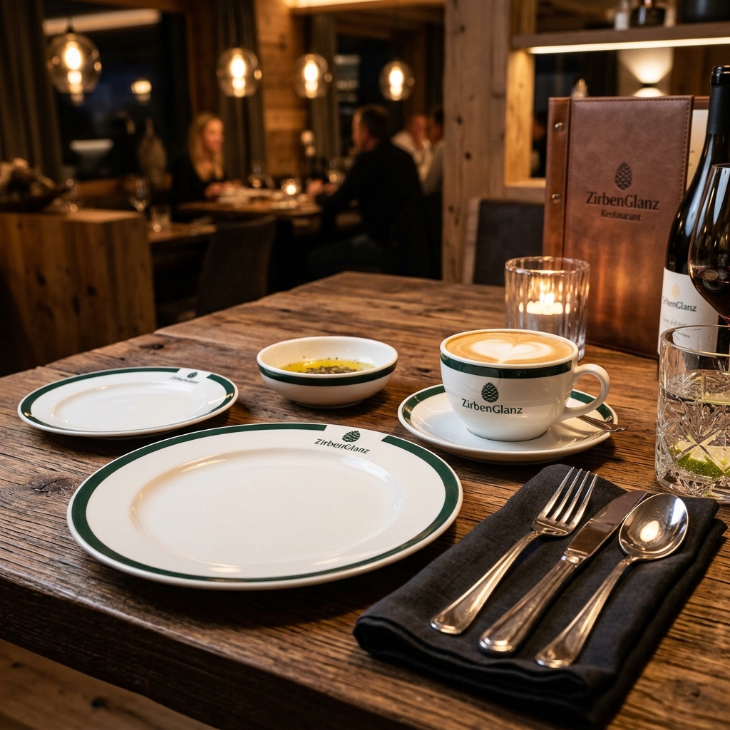 Komplett gebrandetes Restaurantgedeck von ZirbenGlanz