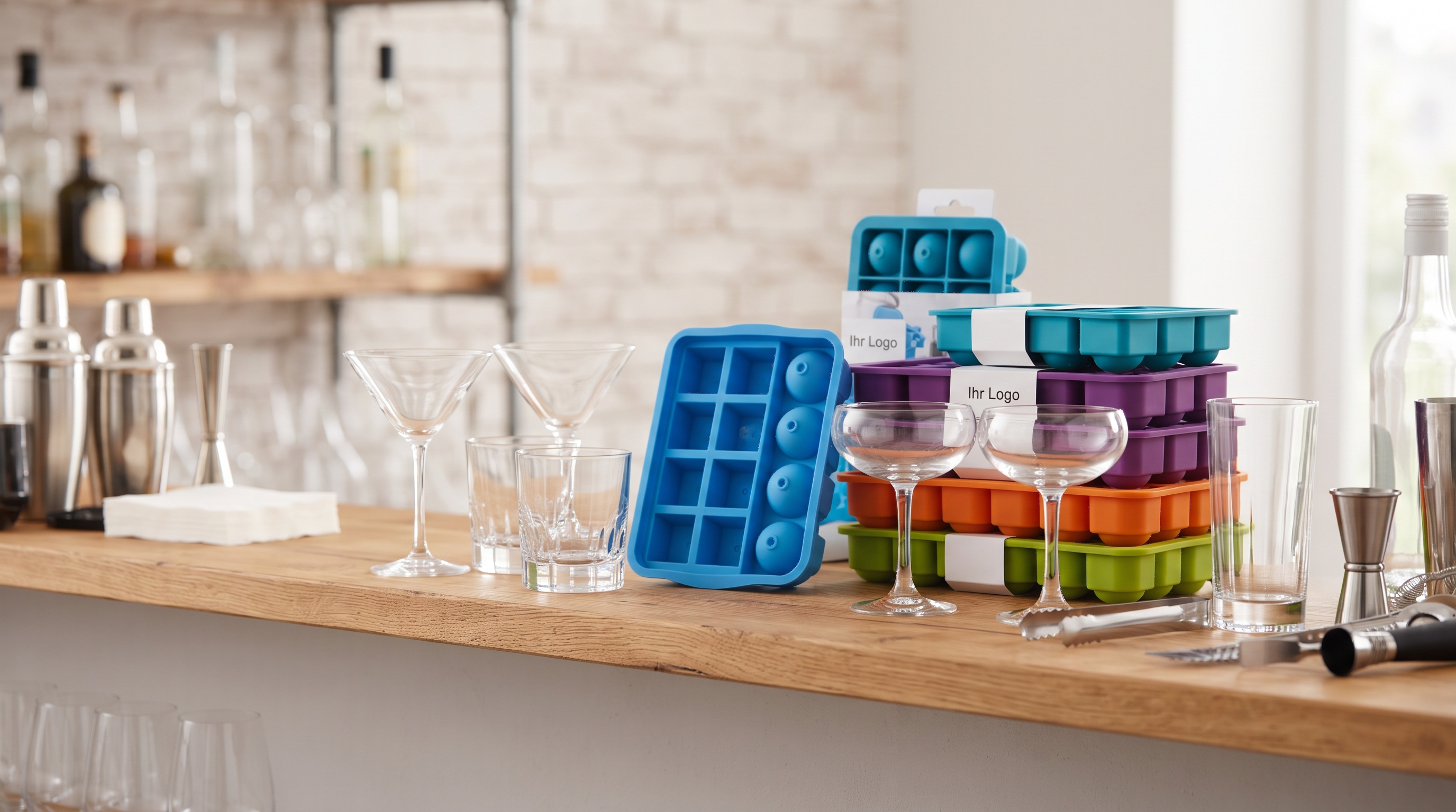 Silikon-Eiswürfelformen in Blau, Lila und Grün auf einer Bar-Theke mit Gläsern und Shaker