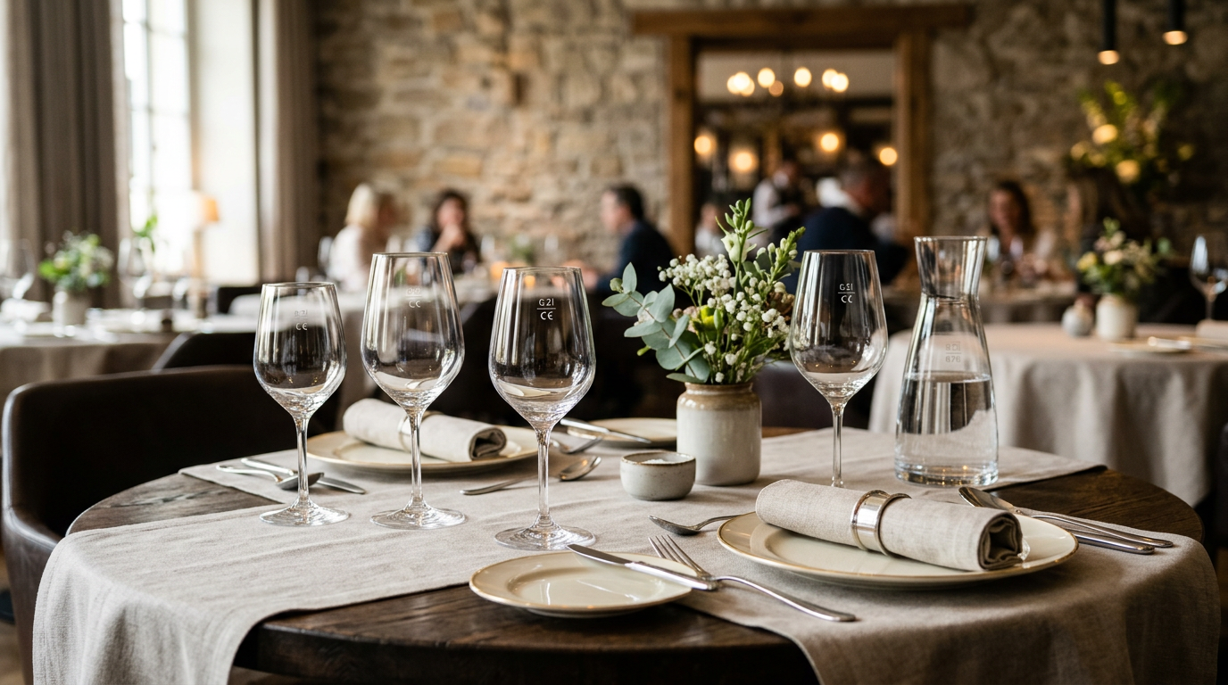Gedeckte runde Tafel im Gastronomiebetrieb