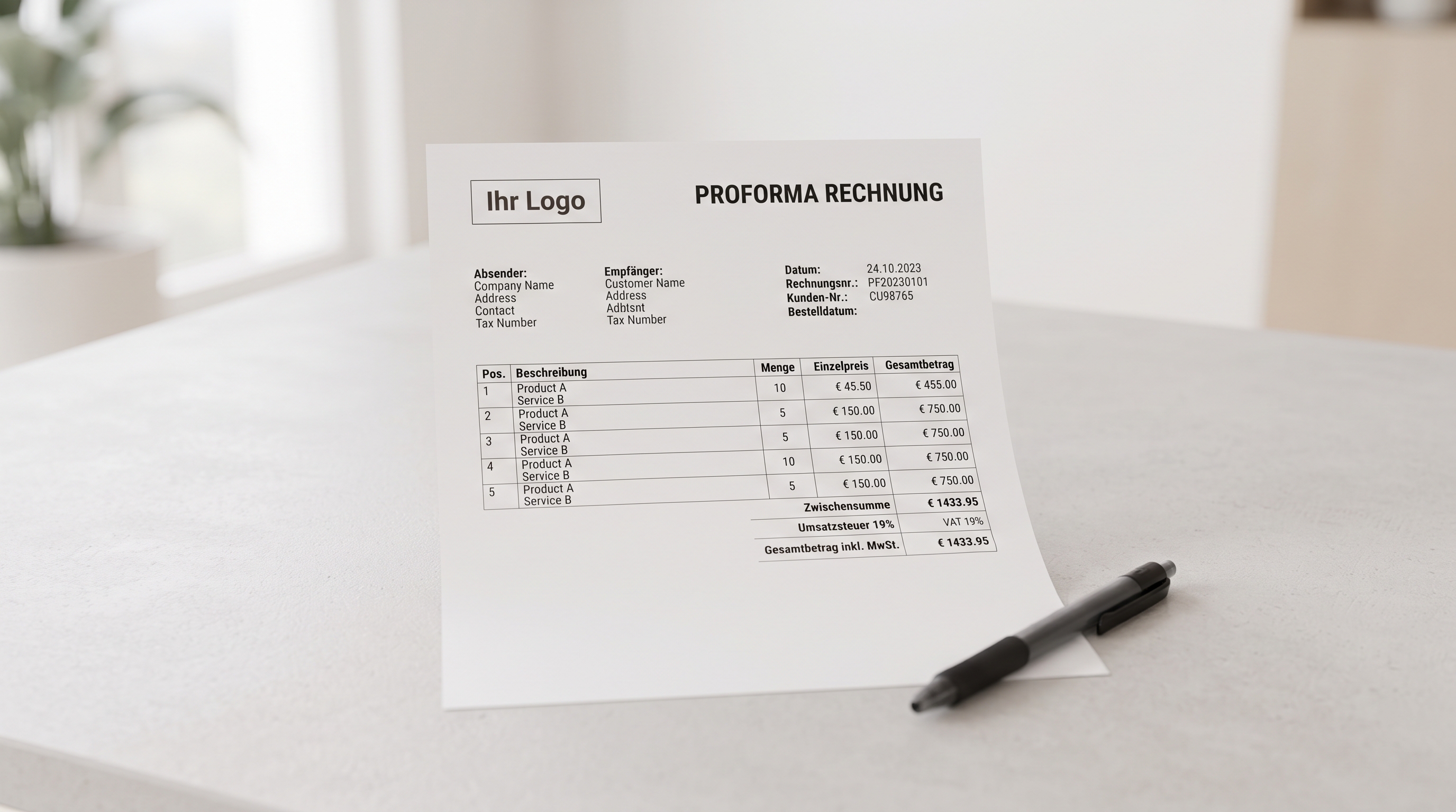 KI-generiertes Produktfoto: proforma rechnung