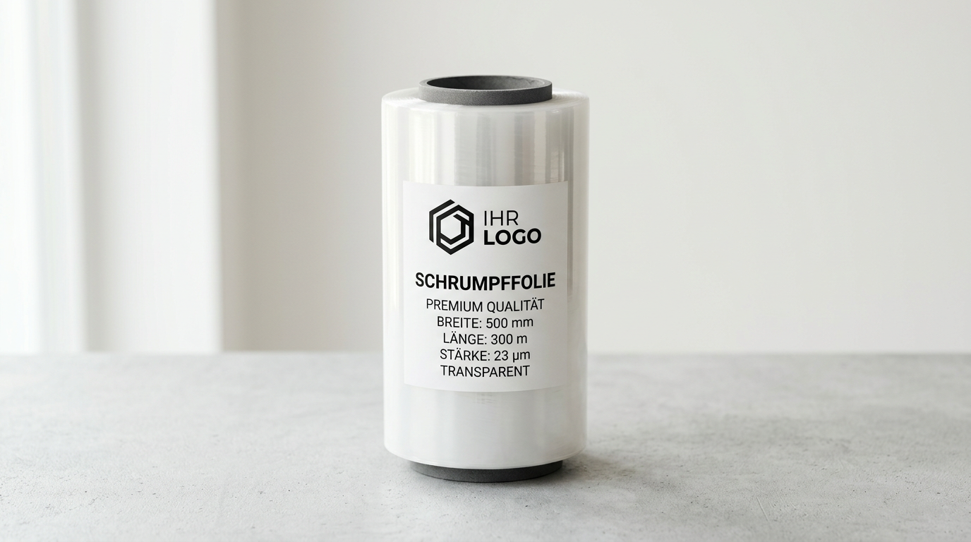 KI-generiertes Produktfoto: Rolle Schrumpffolie mit Etikett auf hellem Untergrund