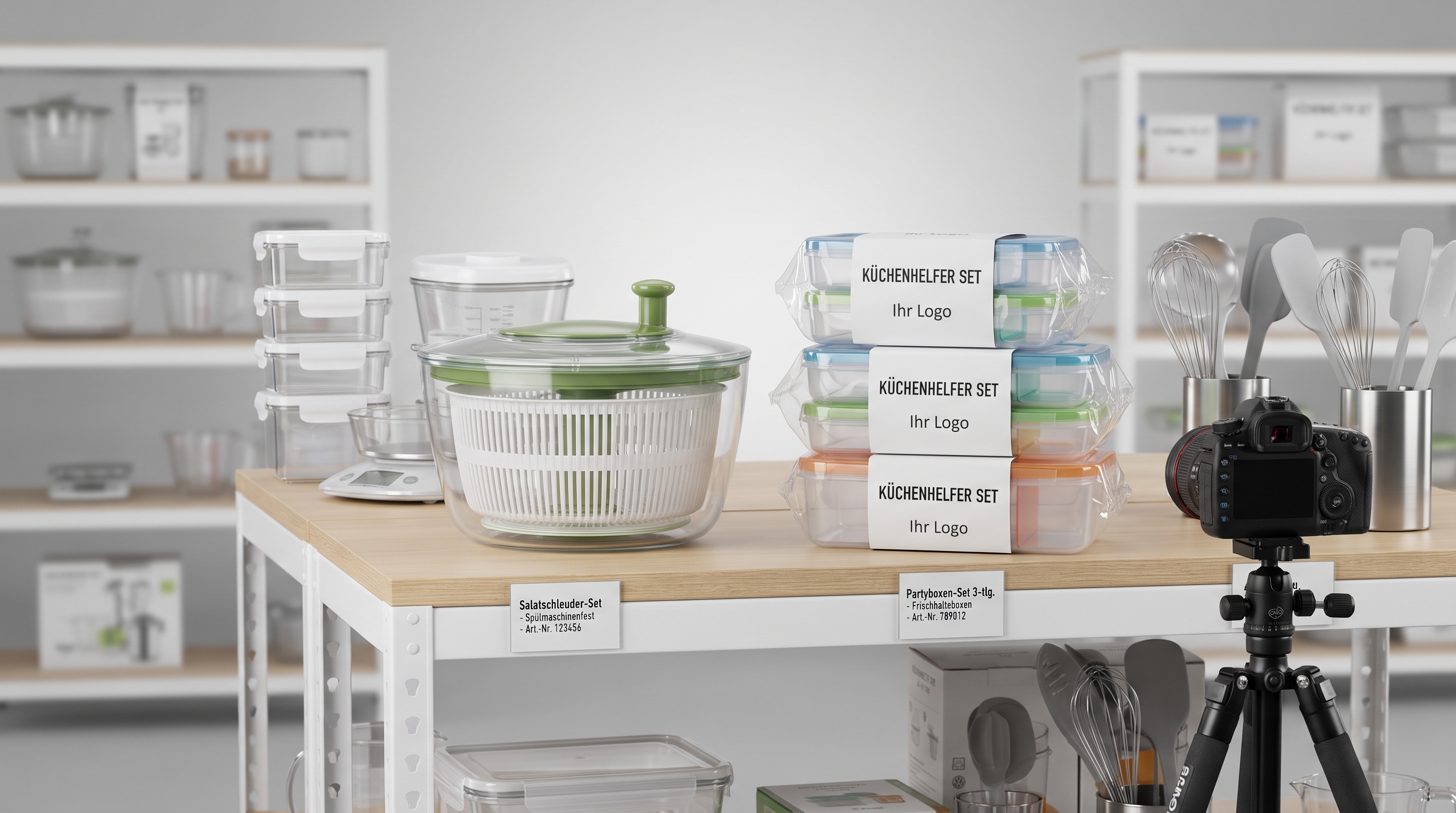 Küchenhelfer-Sets mit Salatschleuder und Partyboxen auf einem Regal